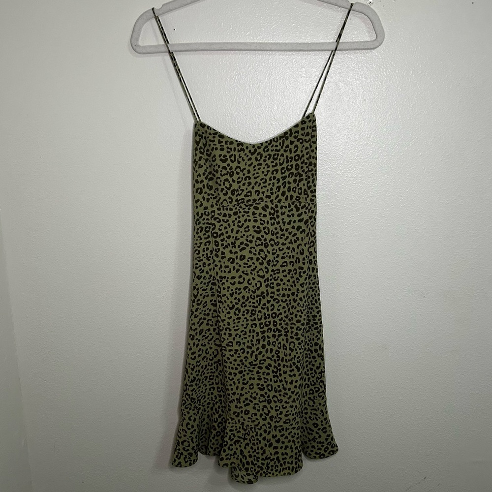 Zara green leopard print criss cross back mini dress